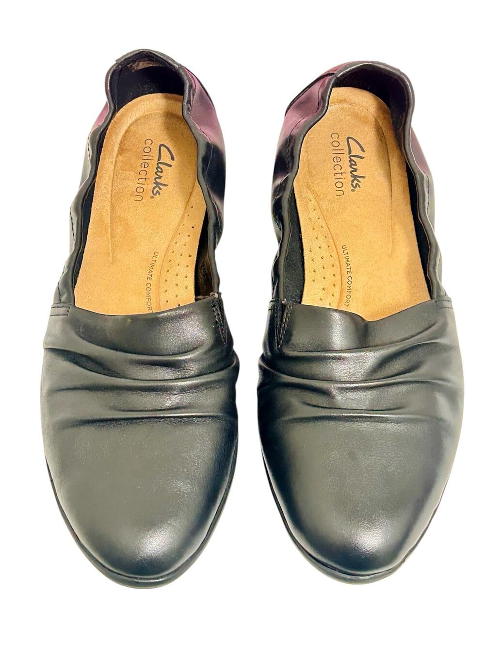 Clarks Jenette Ruby Black Leather Flats 9.5M Comfort Slip On